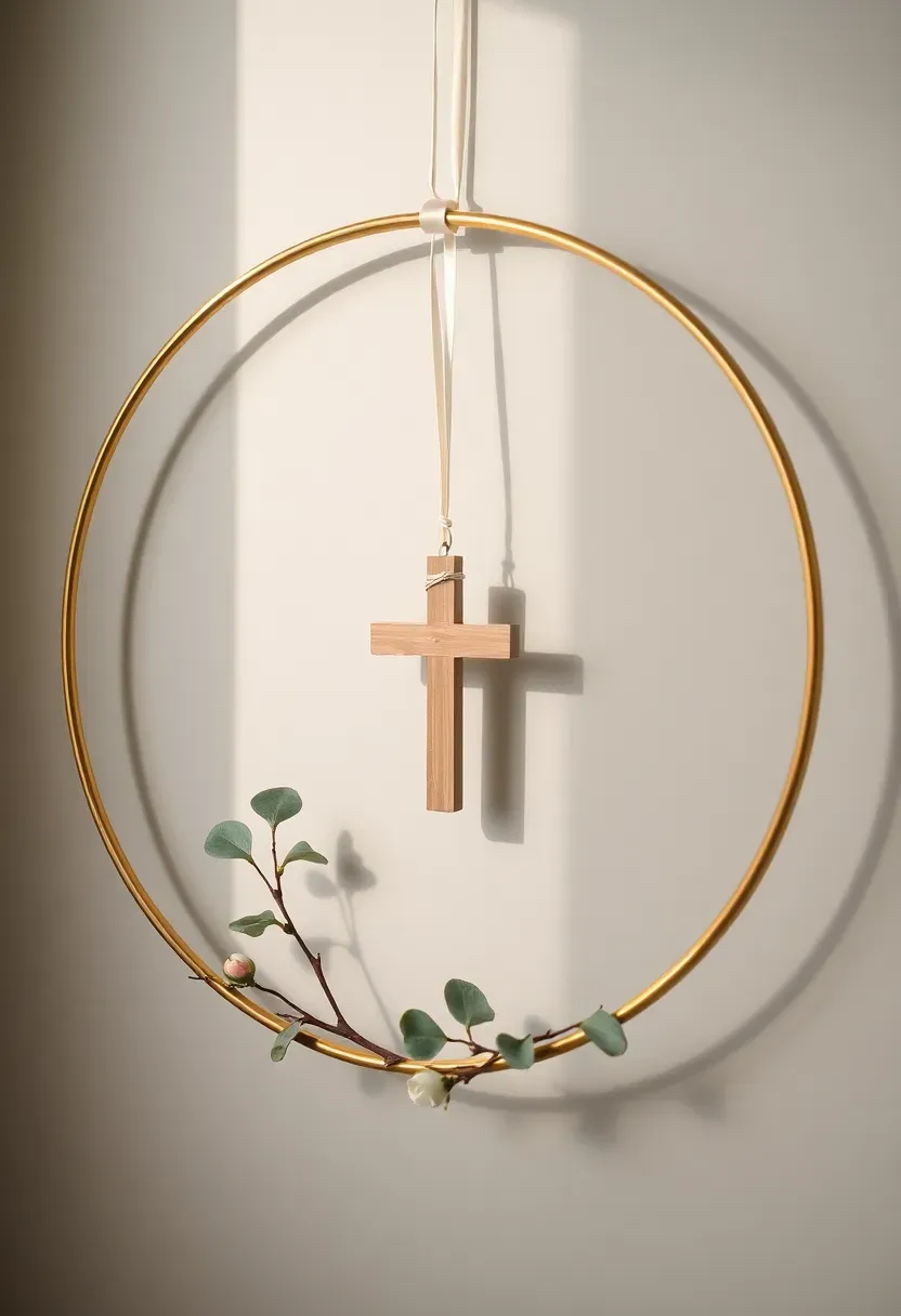 minimalist eucalyptus hoop Easter wreath with a small wooden cross and white ribbon
