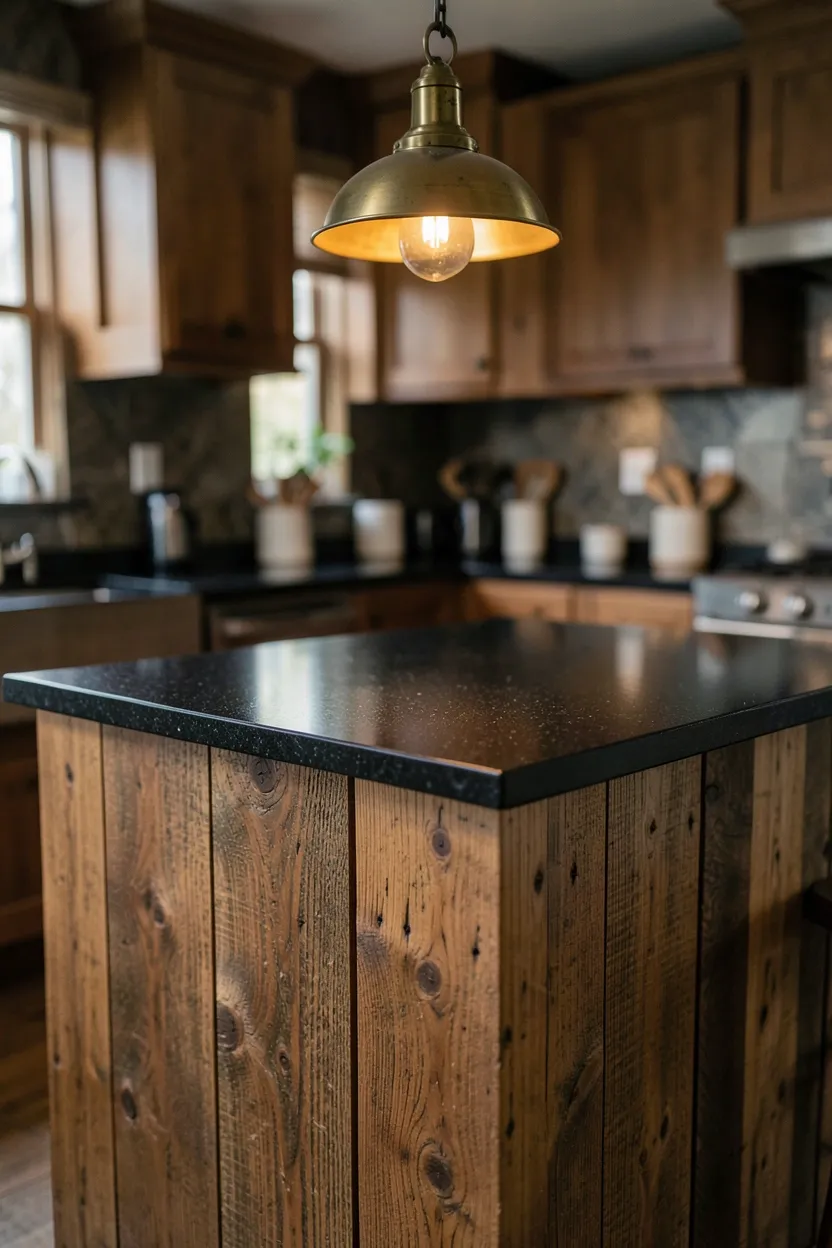 Reclaimed Wood Island With Black Countertop