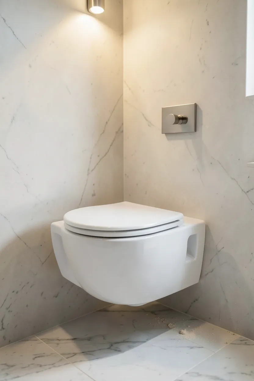 Wall-hung toilet with concealed tank and clean open floor space in a minimalist modern luxury bathroom