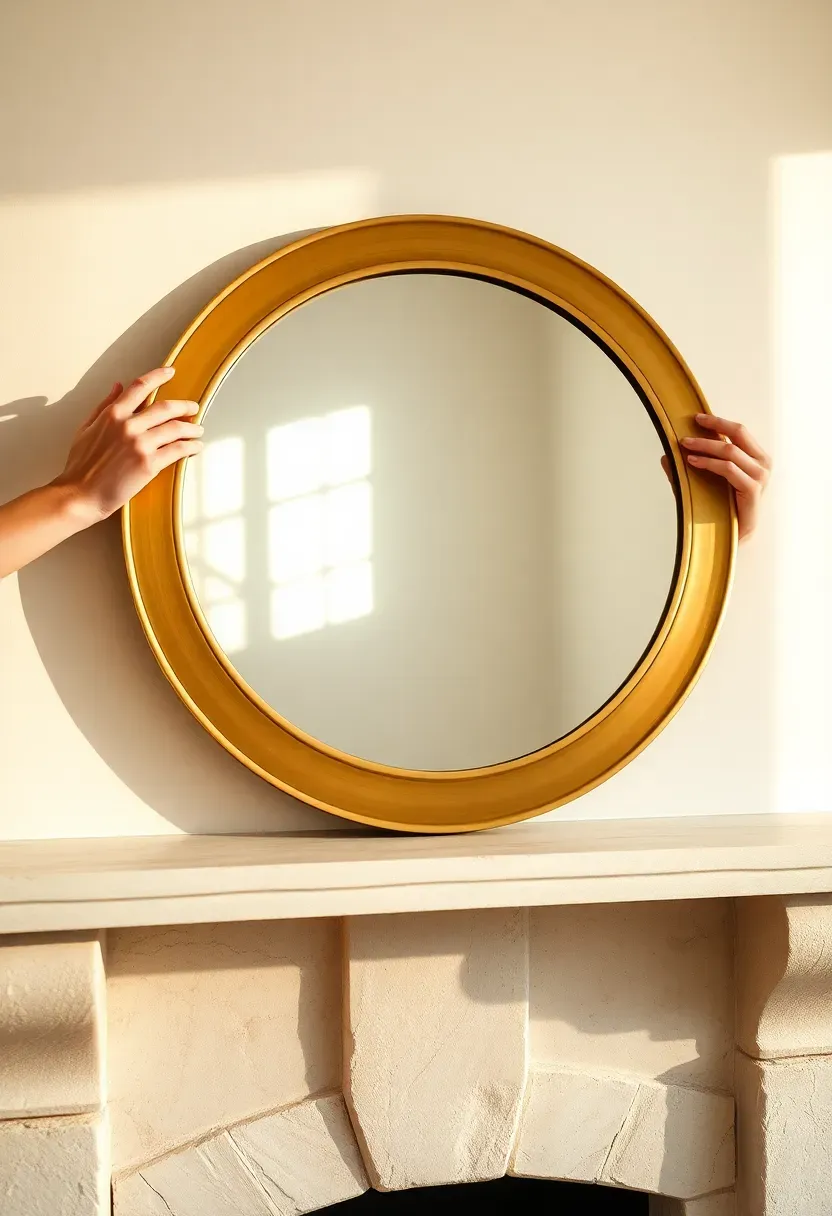 Hands positioning a large round brass-framed mirror centered on a clean stone mantle shelf — bare mantle with nothing else, warm afternoon light streaming from a nearby window