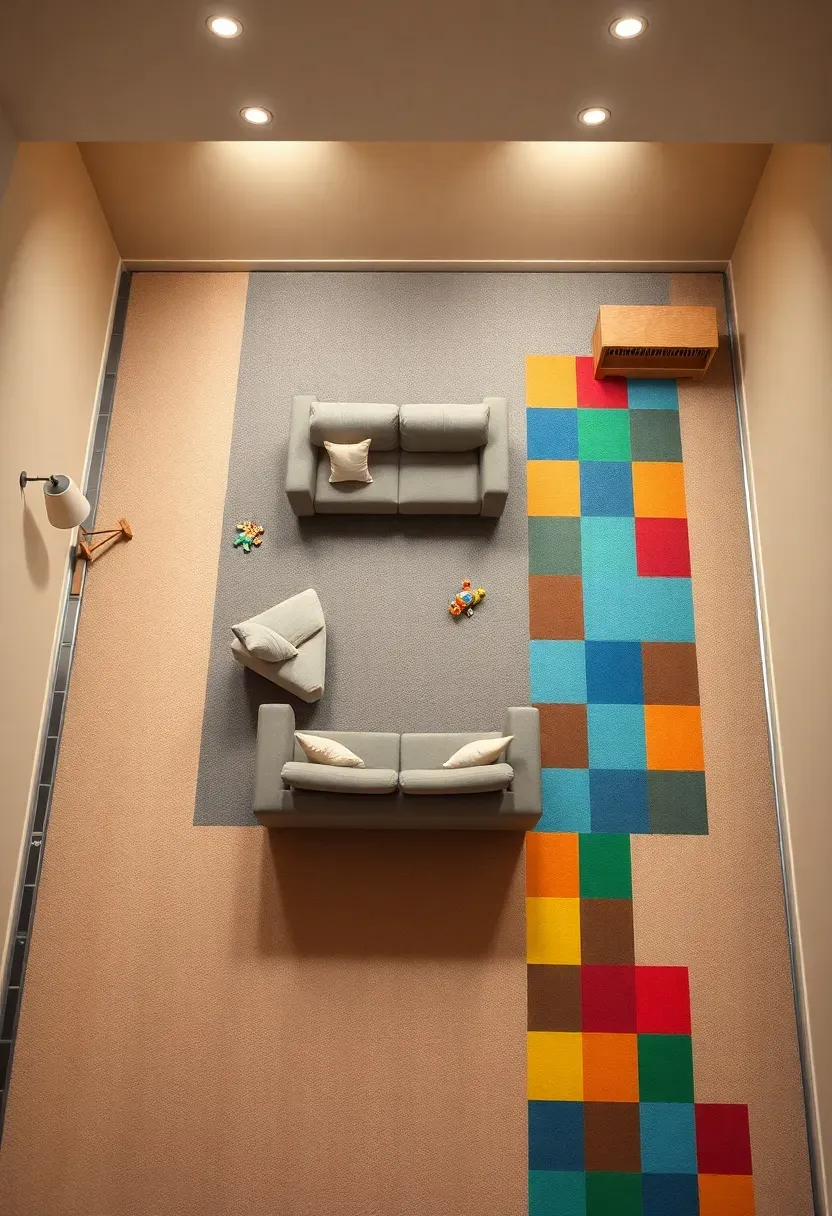 open basement floor plan with different carpet styles defining separate zones for lounging working and playing