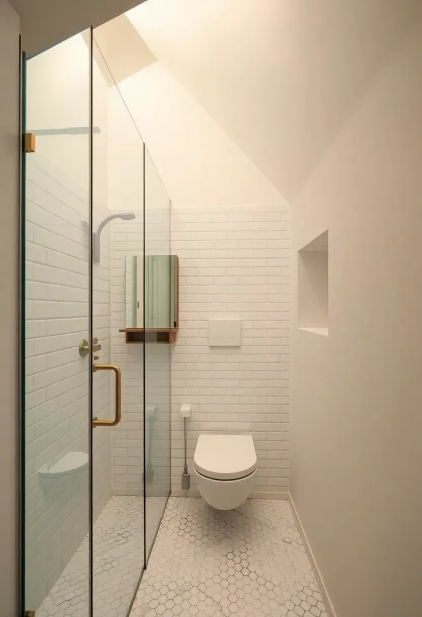 Small three-quarter bathroom built into the space beneath a basement staircase with a glass-enclosed shower, wall-hung toilet, and floating vanity