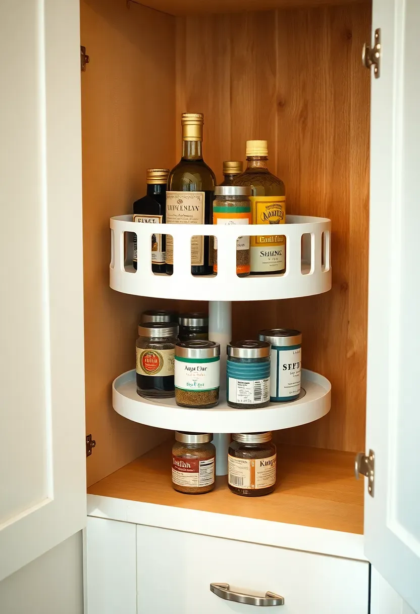 corner cabinet lazy susan with organized food storage in an apartment kitchen