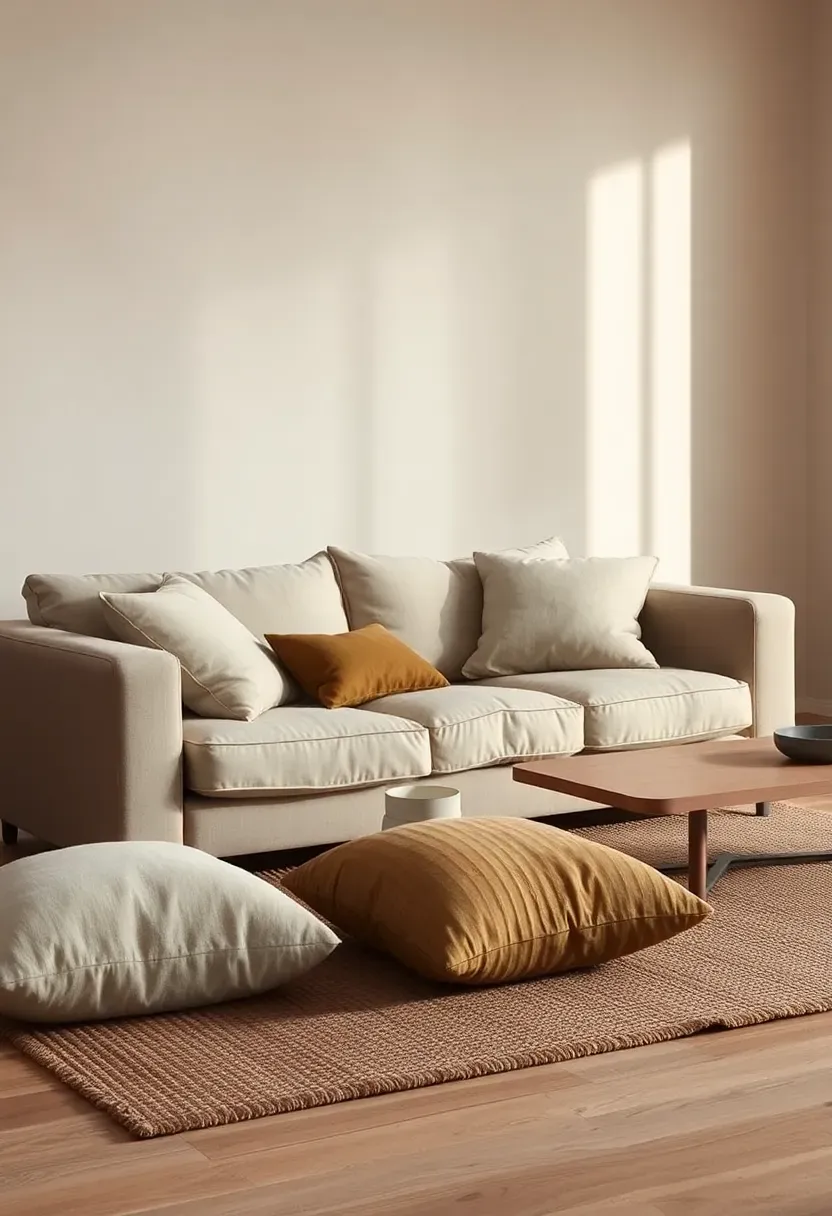 Low modular sofa with floor cushion layering