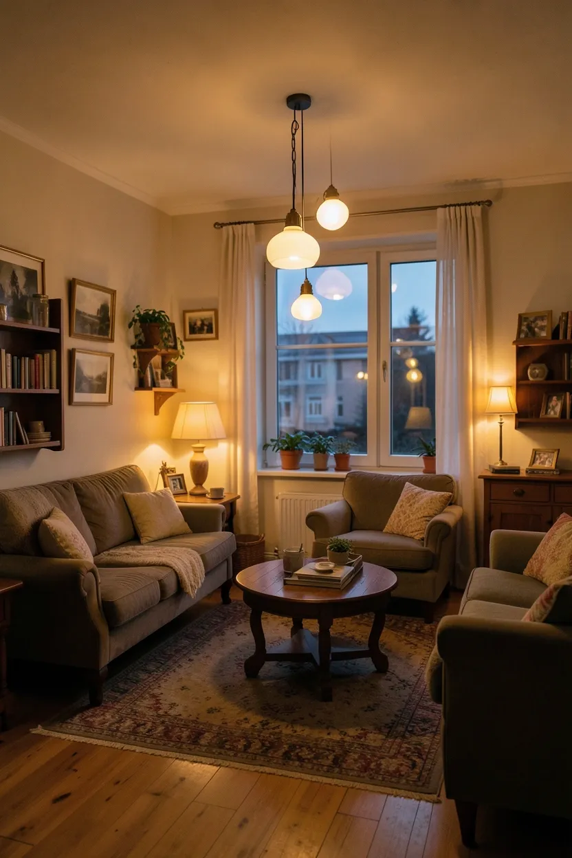 Layered warm ambient lighting with floor lamp and table lamp creating cozy hygge atmosphere in a Scandinavian living room
