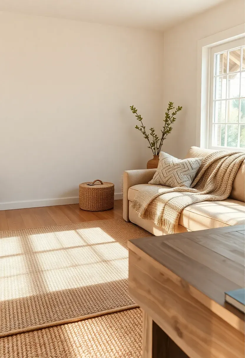 Layered neutral color palette in farmhouse living room with cream, beige, taupe, and soft gray tones