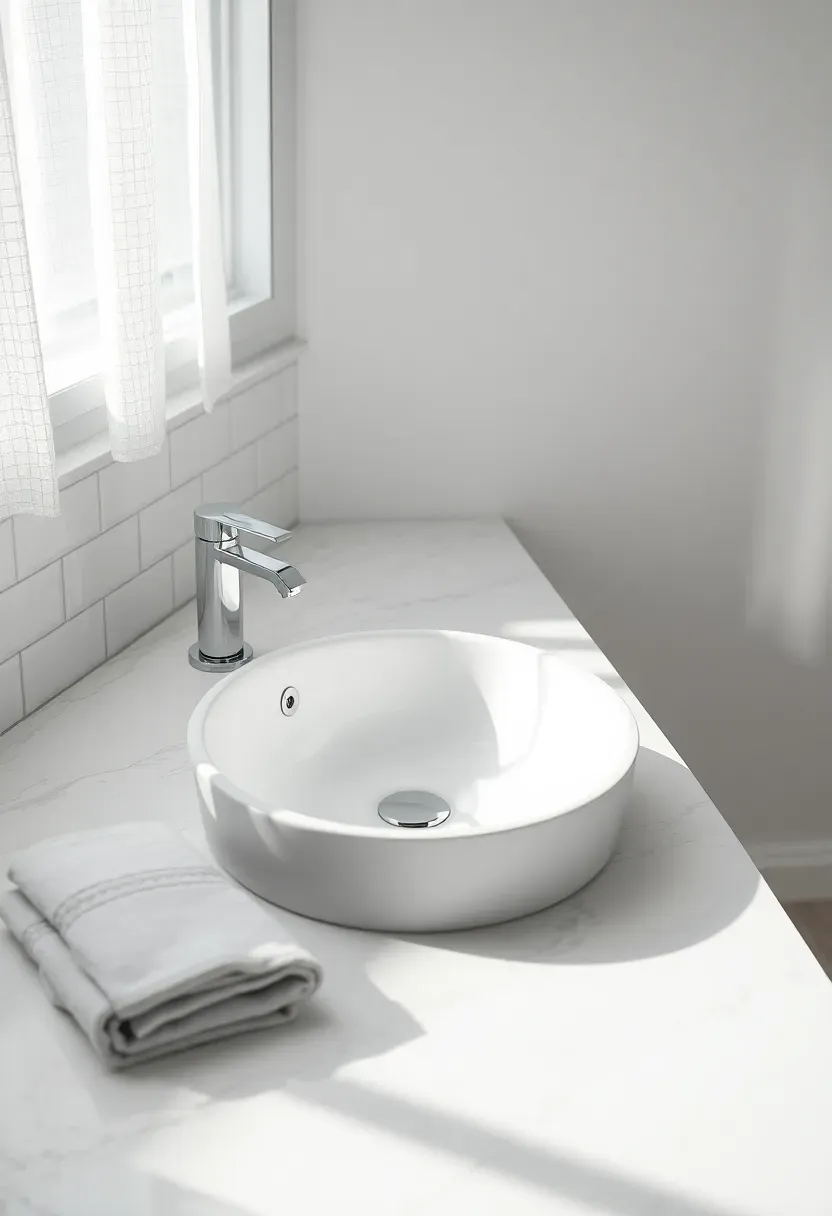 White quartz bathroom countertop with subtle gray veining and an integrated undermount rectangular sink