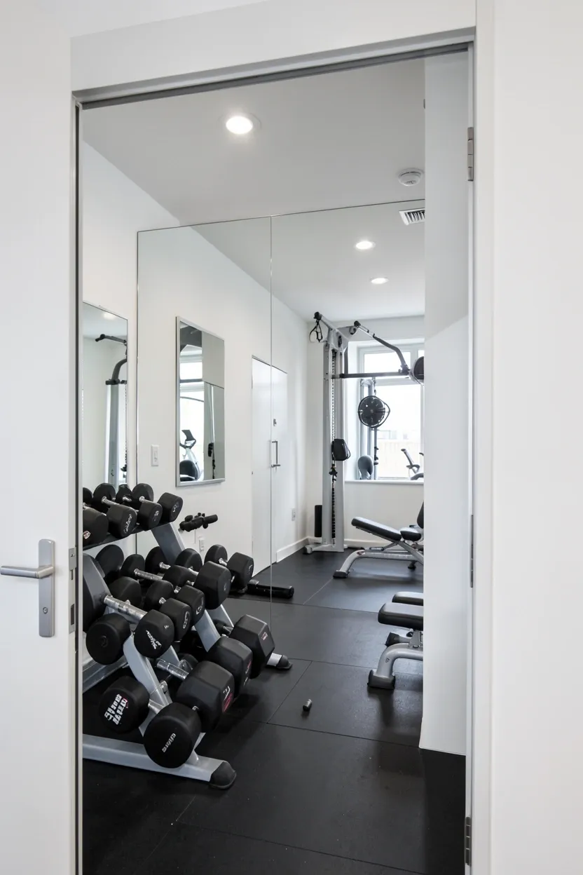 Mirror placed perpendicular to a window in a small gym reflecting natural daylight deeper into the workout space