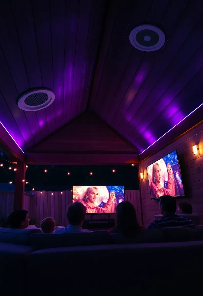 A modern backyard gazebo at night with integrated smart lighting changing colors, recessed speakers in the ceiling, a wall-mounted weatherproof TV, and a family watching a movie outside