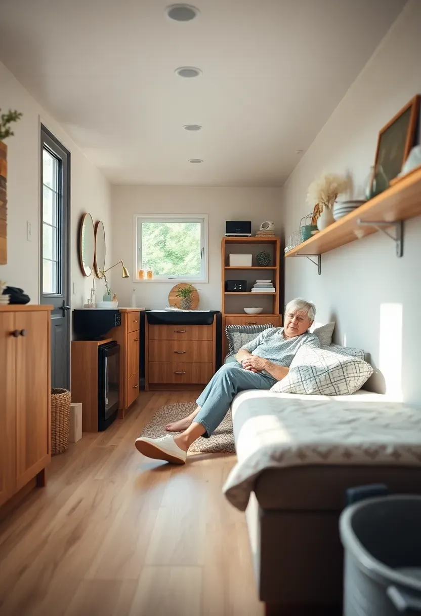 Hyper-realistic 3/4 view of a person living contentedly in a small test space—tiny apartment or RV—managing comfortably. Materials: white oak floor, matte white walls, compact furniture, organized storage. Warm diffused window light, creamy neutrals with peaceful atmosphere. Mood: comfortable, manageable, trial-run. Shallow depth of field, sharp details, balanced composition, soft shadows, visible room context. No text, no logos, no watermarks.</p>