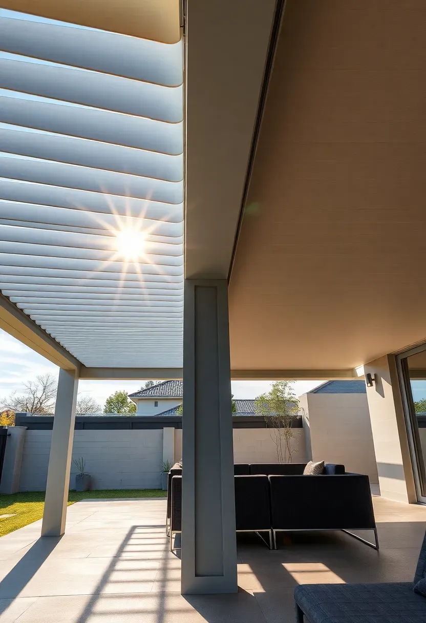 High-end motorized louvered aluminum roof fully open showing sky and partially closed showing shade control on a modern patio