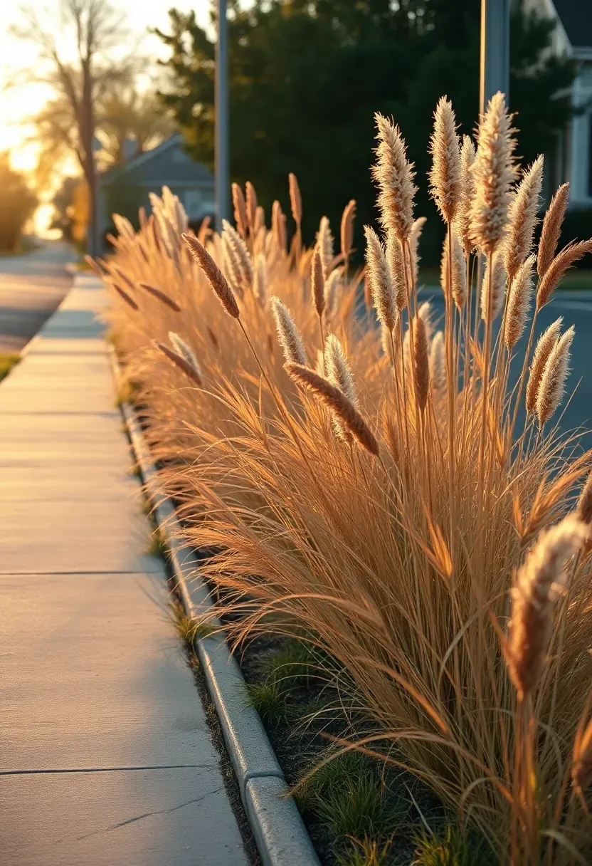 Wide residential boulevard planted with masses of tall ornamental grasses including pampas grass, switchgrass, and fountain grass in golden autumn tones