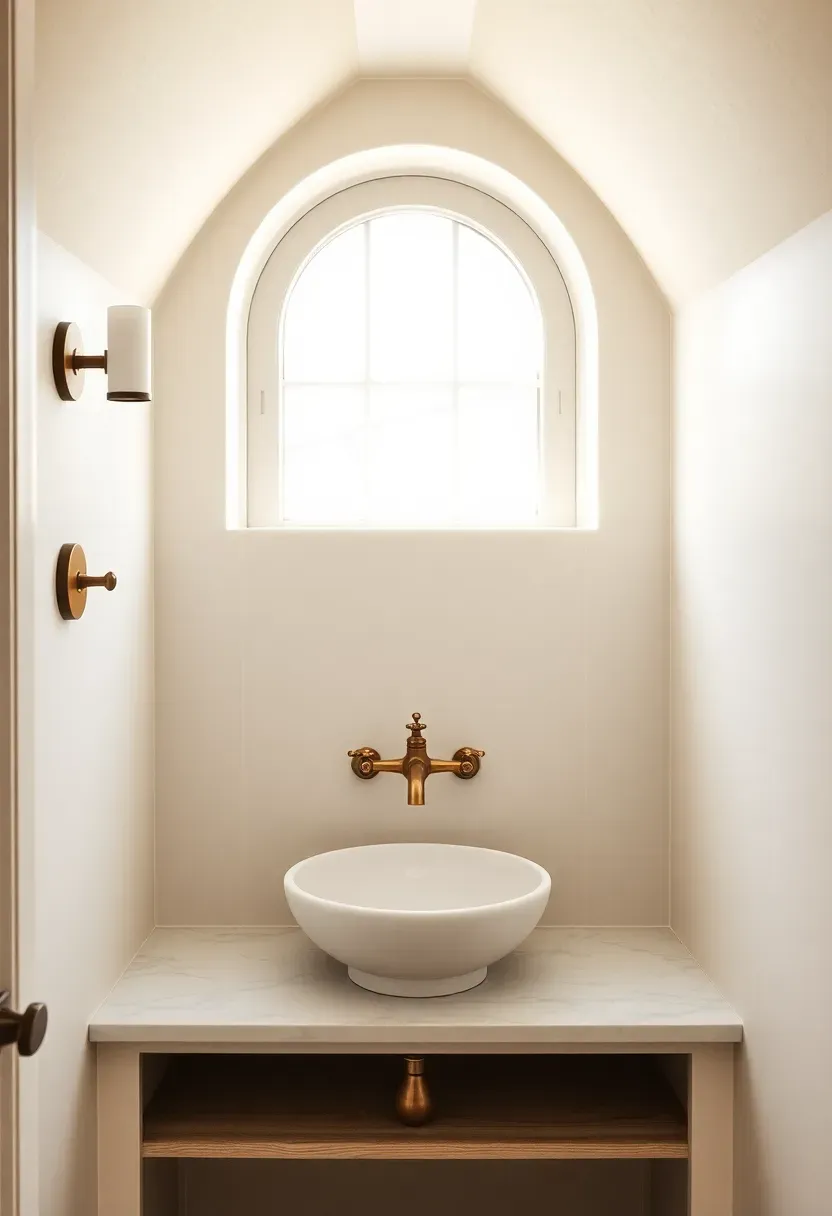 Dormer window alcove converted into a vanity nook with marble shelf, vessel sink, antique brass faucet, and linen curtain softening the light from the window
