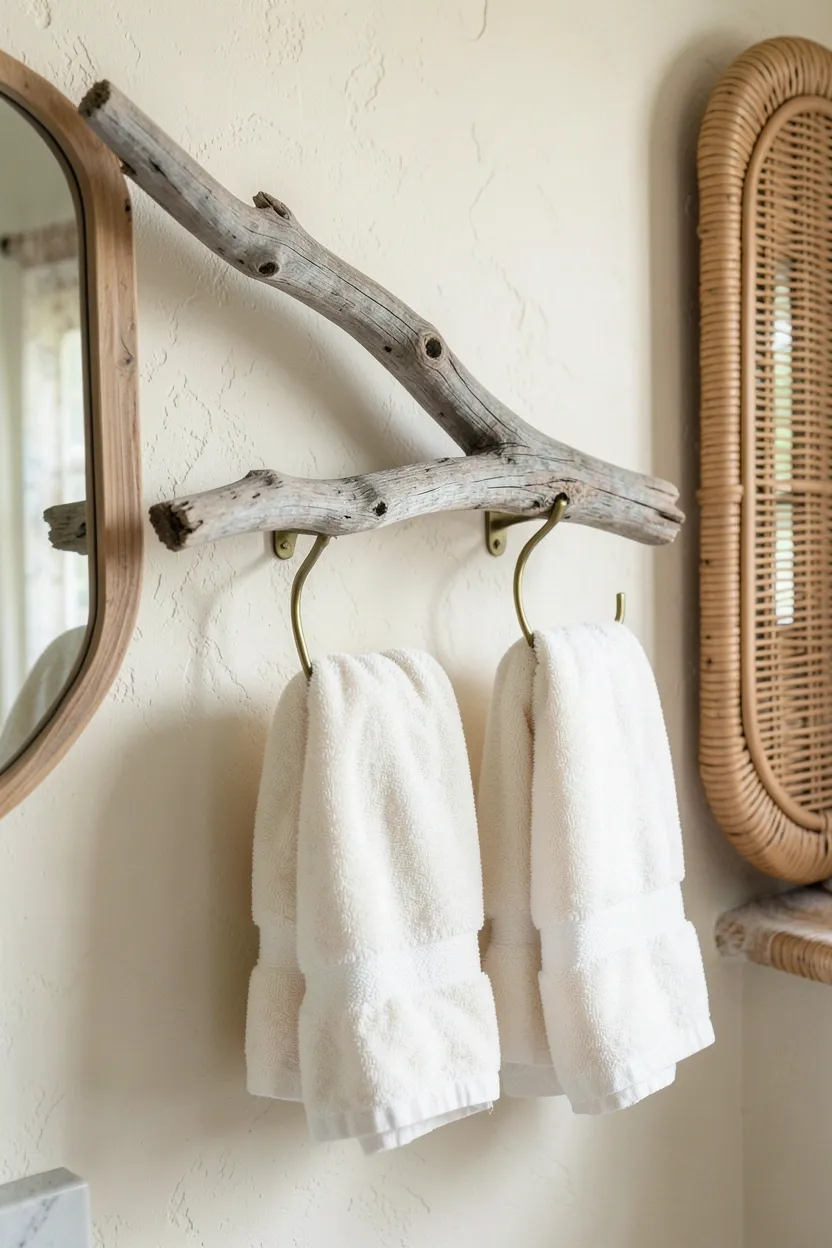 Hyper-realistic eye-level photograph of boho bathroom wall mounted driftwood towel rack featuring weathered gray-brown driftwood branch with natural curves, brass hooks hanging three rolled cream towels, cream plaster wall background, rattan mirror visible beside. Soft natural light. Materials: natural driftwood, brass hooks, cotton towels. Organic coastal boho aesthetic. Authentic weathered texture details. No text, no logos, no watermarks.</p>
