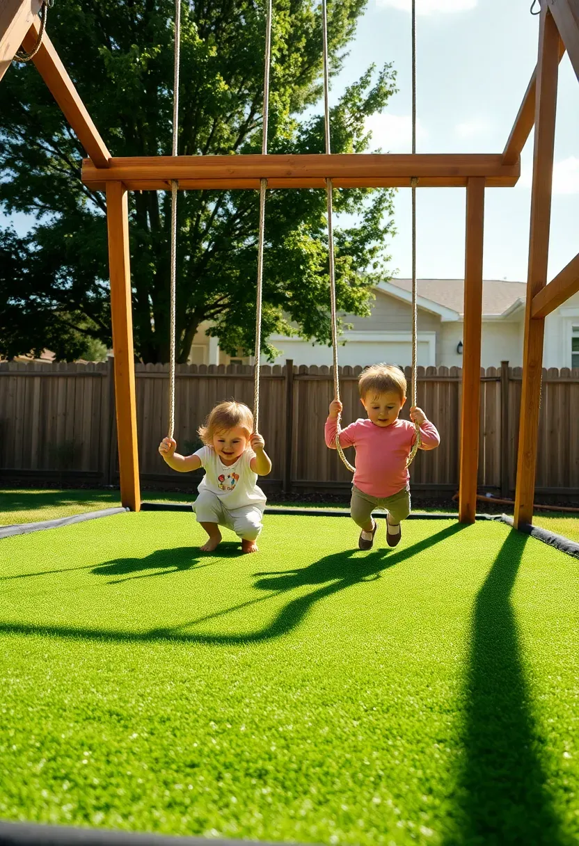 Children playing on thick padded synthetic turf beneath a wooden swing set in a sunny suburban backyard