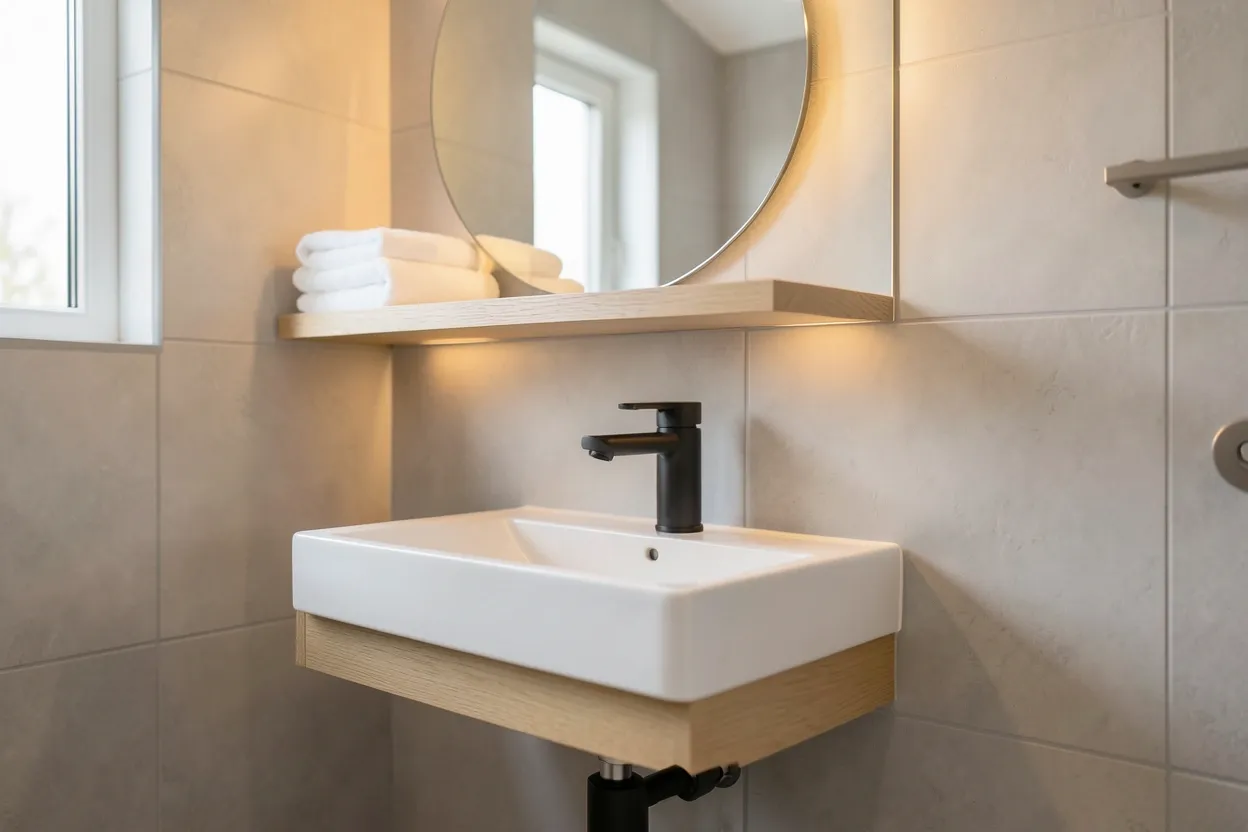 Neutral bathroom with cream walls, warm wood vanity, and brass hardware — budget-friendly calm modern look