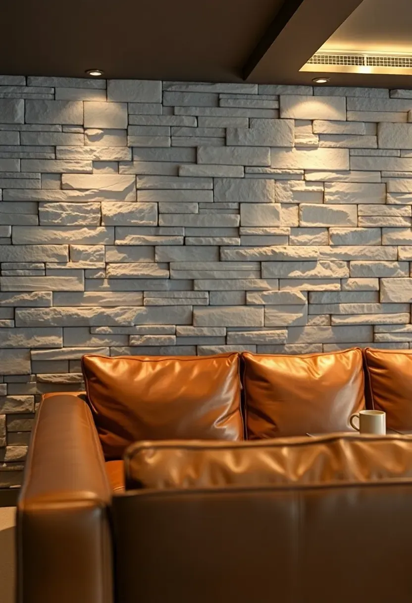 Stacked ledger stone accent wall in warm gray tones behind a leather couch in a finished basement with recessed lighting