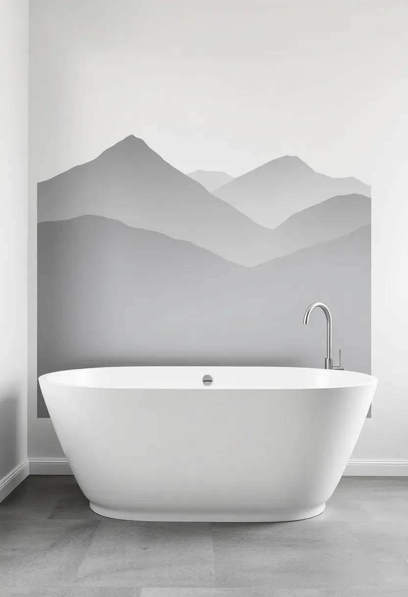 Large-scale vinyl wall decal of a minimalist mountain landscape in gray tones applied to a white bathroom wall behind a bathtub