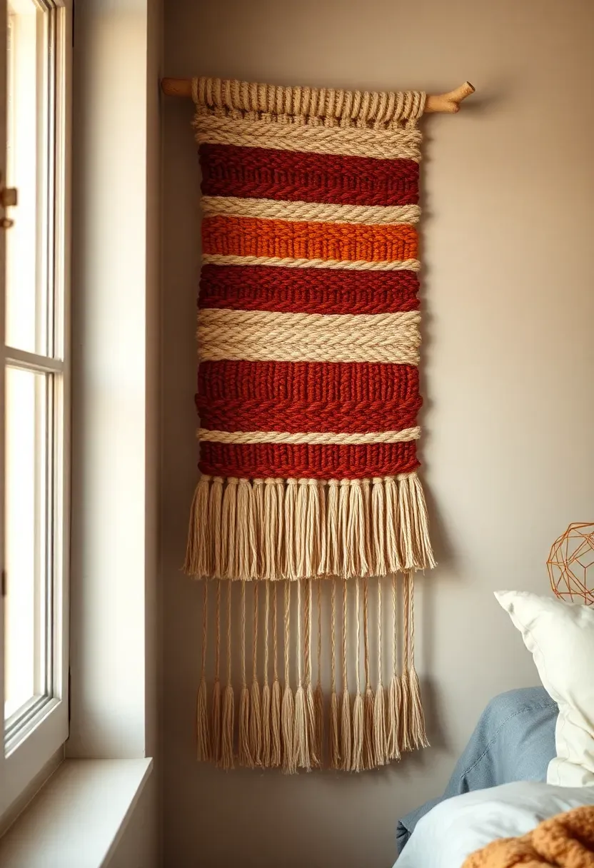 Handwoven yarn wall tapestry in warm terracotta and cream above a teen bedroom headboard with fringe hem detail
