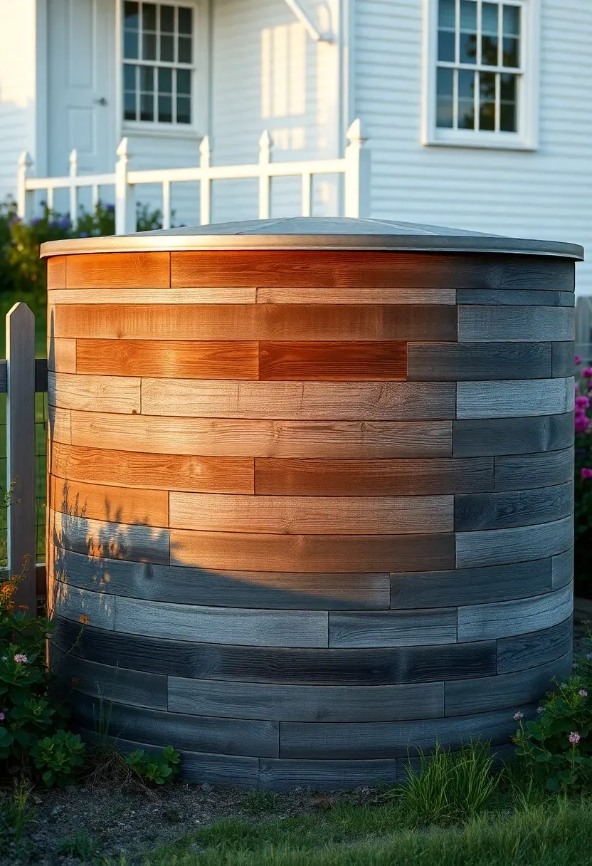 Stock tank pool wrapped in reclaimed barn wood planks with a rustic farmhouse backdrop, white fence, and wildflower garden beds