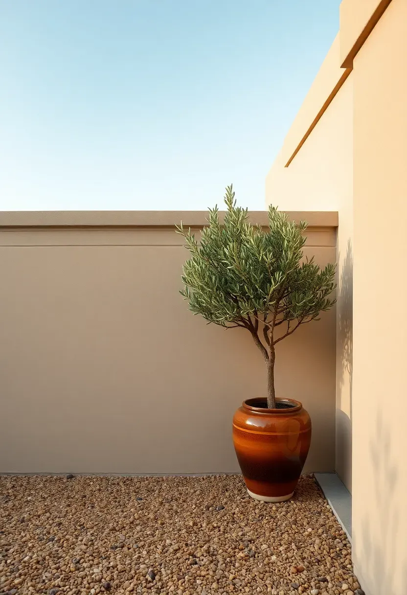 Concrete block privacy wall with a smooth stucco finish painted warm white in a modern backyard with gravel landscaping