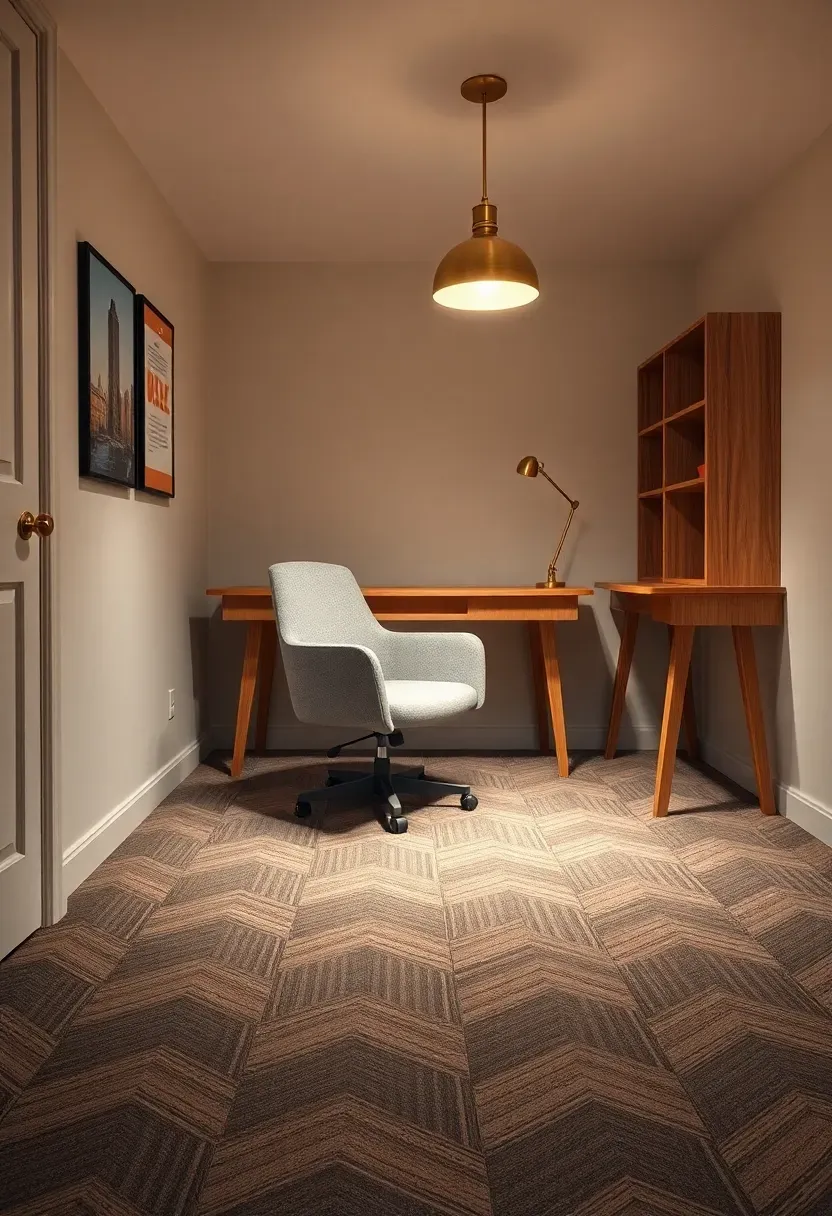Basement office with modular carpet tiles in a herringbone pattern, upholstered desk chair, and warm pendant lighting