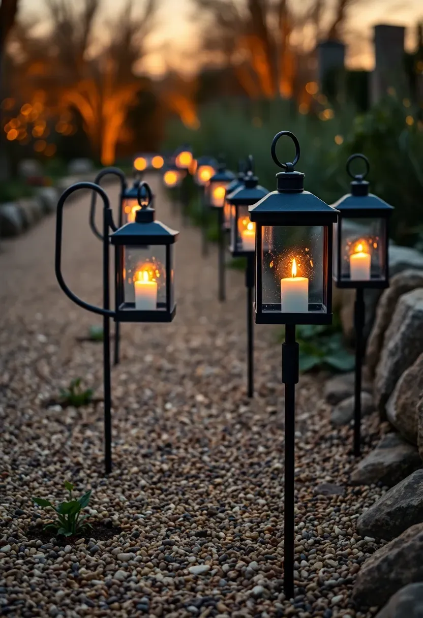 A gravel garden path lined with black metal hanging lanterns on shepherd hooks glowing warmly at dusk