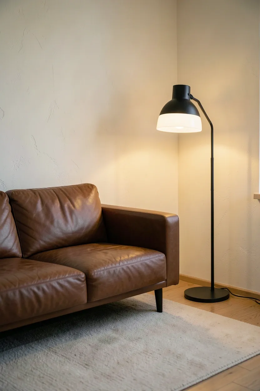Matte black arc floor lamp with simple geometric form casting warm light beside a brown couch in a minimalist apartment