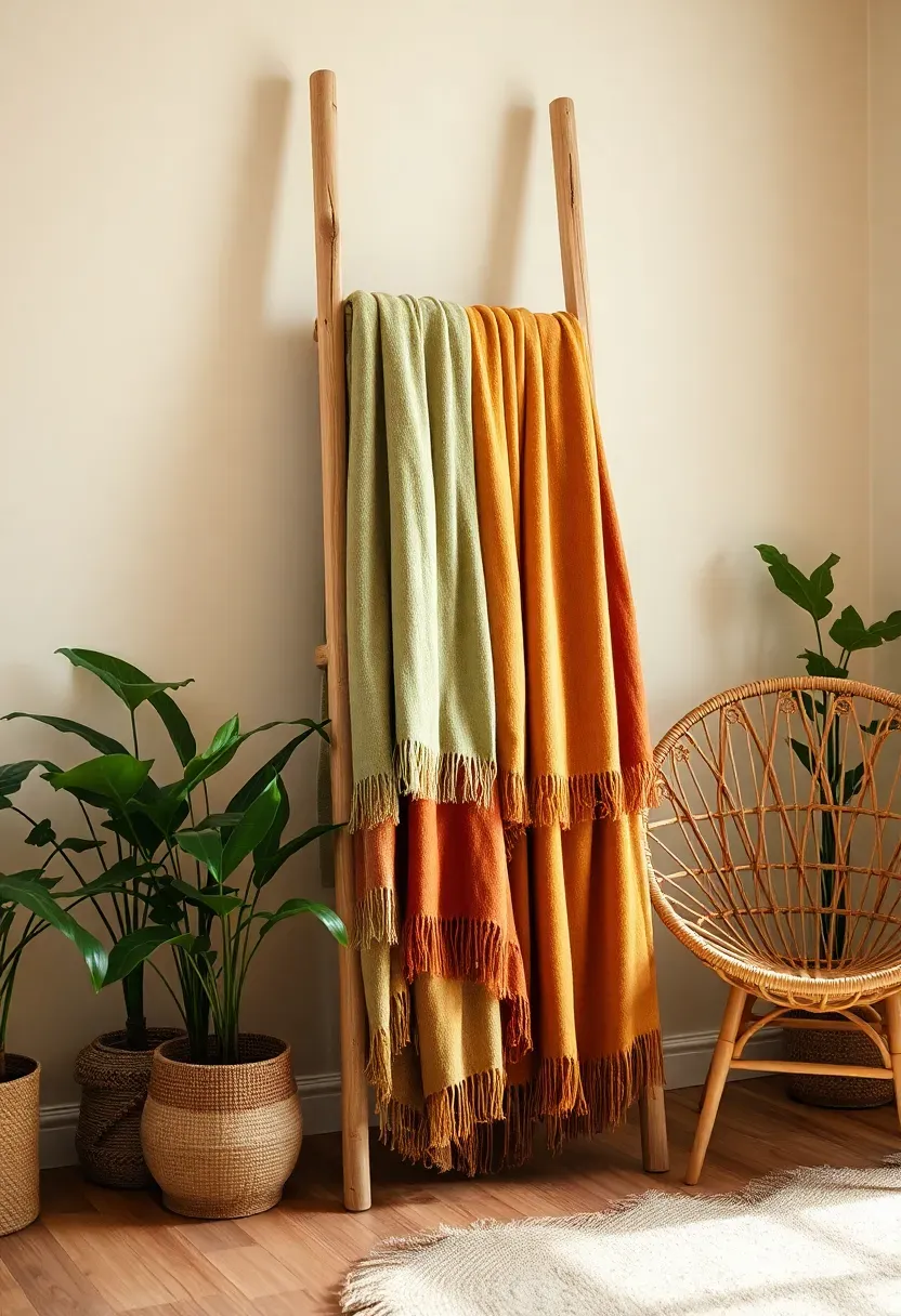 Hyper-realistic 3/4 view of an earthy boho living room featuring a wooden blanket ladder leaning against the wall, draped with 4-5 throw blankets in varied earthy colors—rust orange, sage green, mustard yellow, warm cream, and terracotta. Plants and rattan furniture nearby. Materials: natural wood ladder with visible grain and slight rustic character, wool and cotton throws with visible textures, warm cream wall behind, rattan peacock chair, juge rug, monstera plant. Natural daylight showing the beautiful cascade of colors and textures on ladder. Practical storage as decorative display. Vertical interest element. Shallow depth of field showing ladder and blankets foreground with room context beyond. No text, no logos, no watermarks.</p>