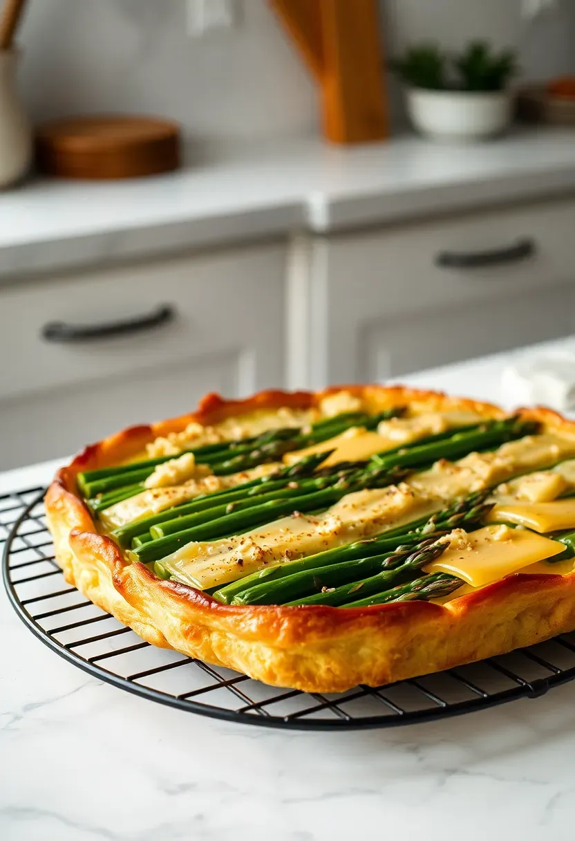 golden asparagus and gruyere tart on puff pastry with caramelized edges fresh from the oven on a wire cooling rack