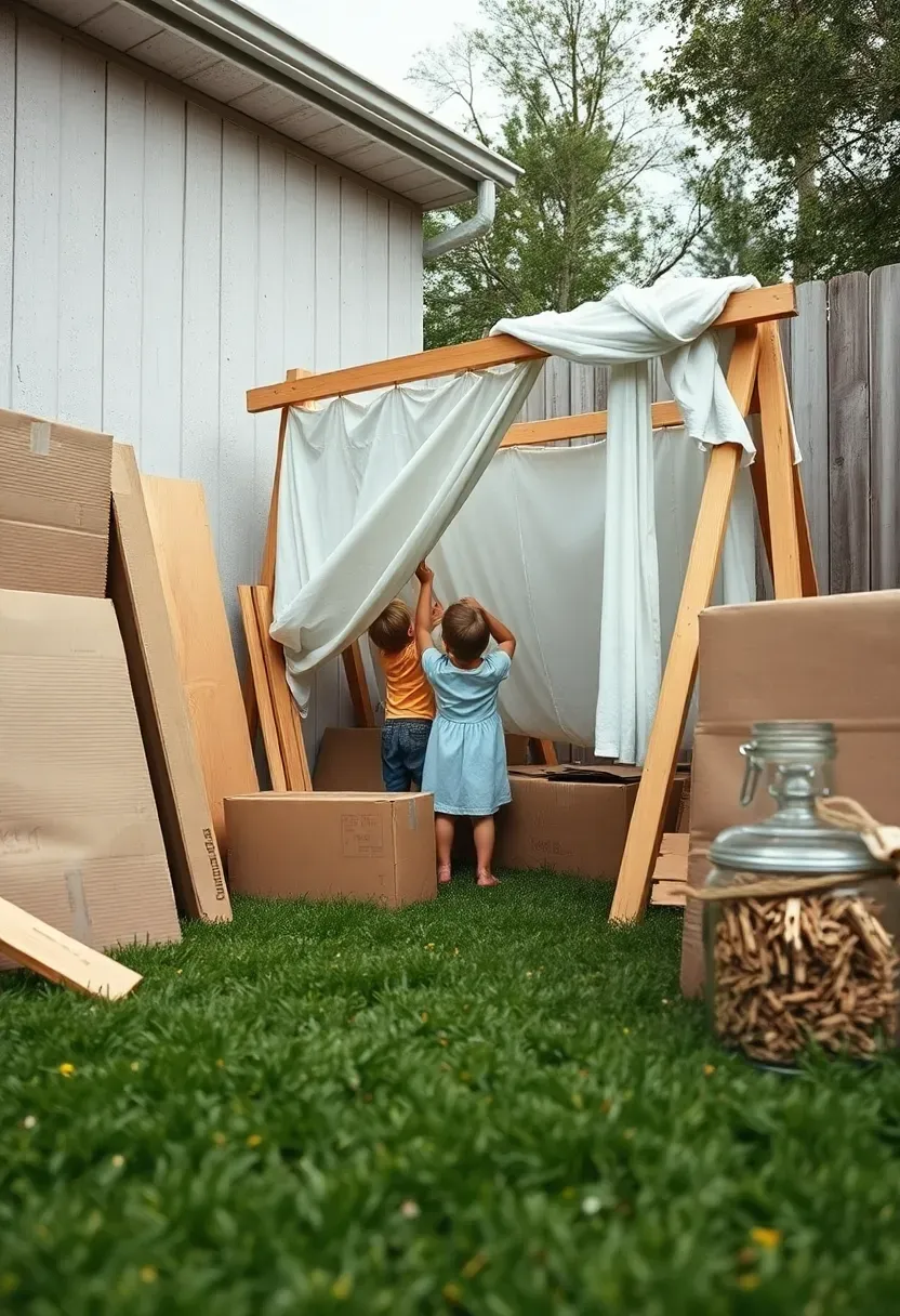 A pile of large cardboard boxes, wooden planks, old sheets, and clothespins in a backyard corner, with two kids building a makeshift fort structure