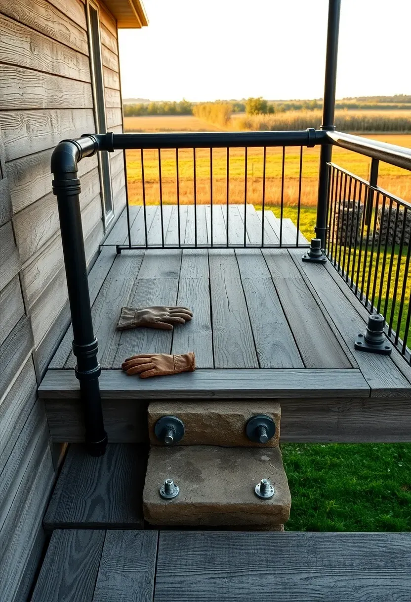Rustic two-level deck built from reclaimed barn wood with weathered gray tones, mismatched plank widths, and iron pipe railings in a rural backyard setting
