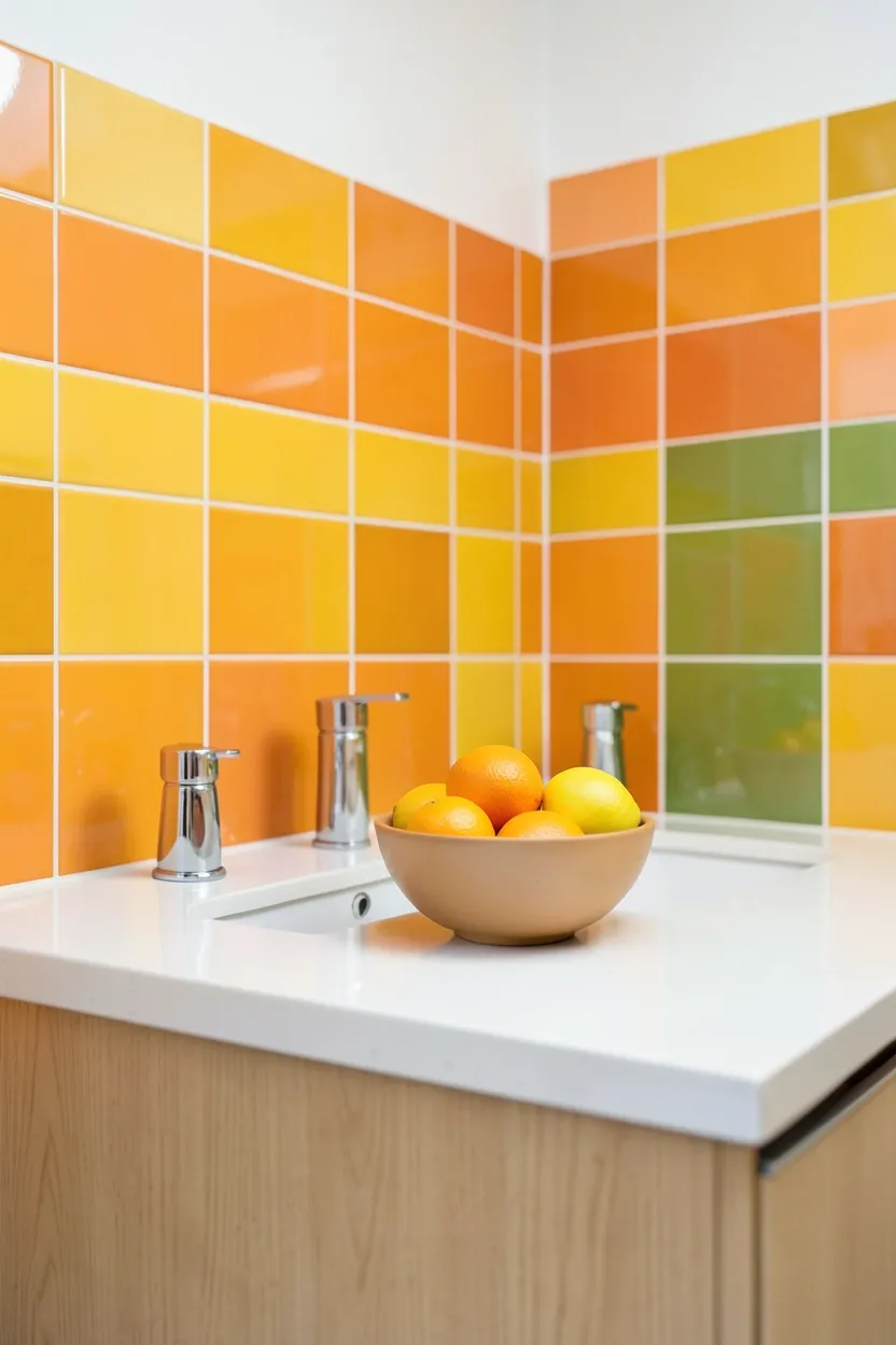 Toca Boca bathroom with citrus-colored tiles in orange, yellow, and green, white vanity, and fruit-themed accessories