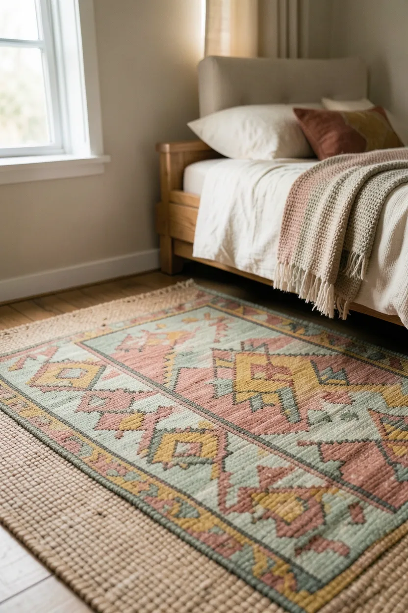 Jute or Sisal Rug with Colorful Kilim Overlay