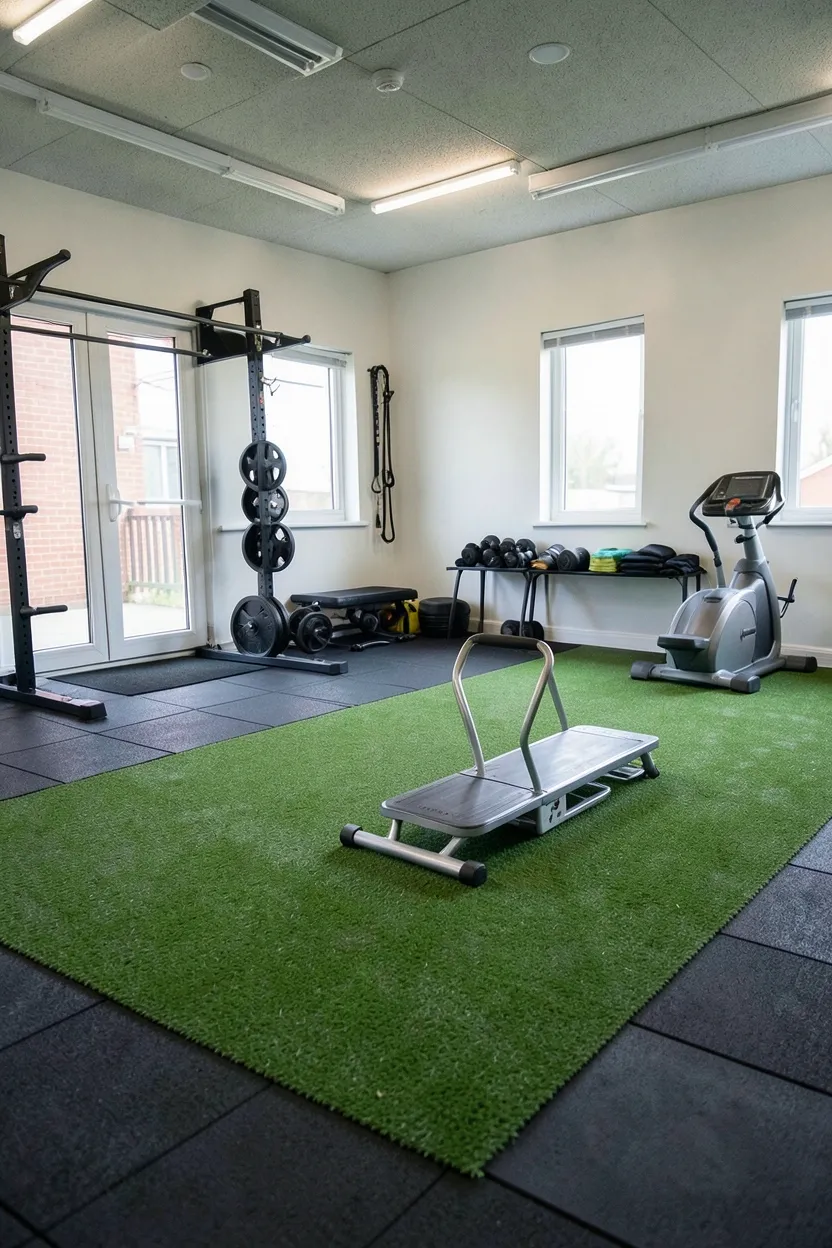 Green artificial turf strip in a home gym functional training zone with sled and battle ropes