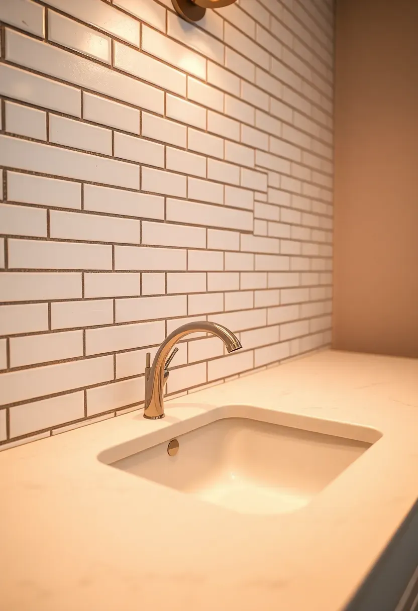 White subway tile backsplash with dark grout installed behind a bathroom vanity — affordable DIY tile accent
