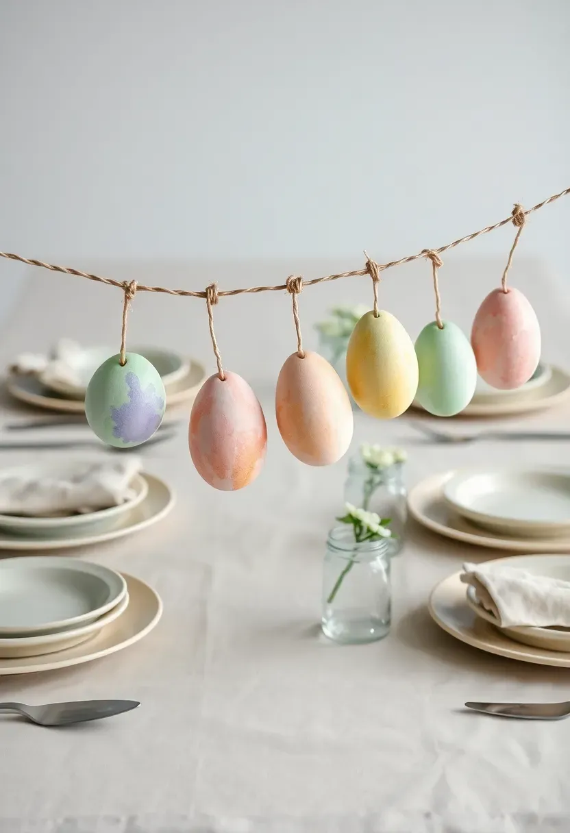 DIY watercolor egg garland draped across Easter table with pastel place settings