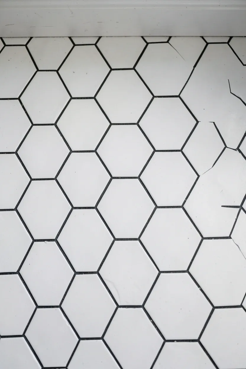 White hexagon floor tiles with black grout in a modern farmhouse bathroom with wood vanity and neutral walls