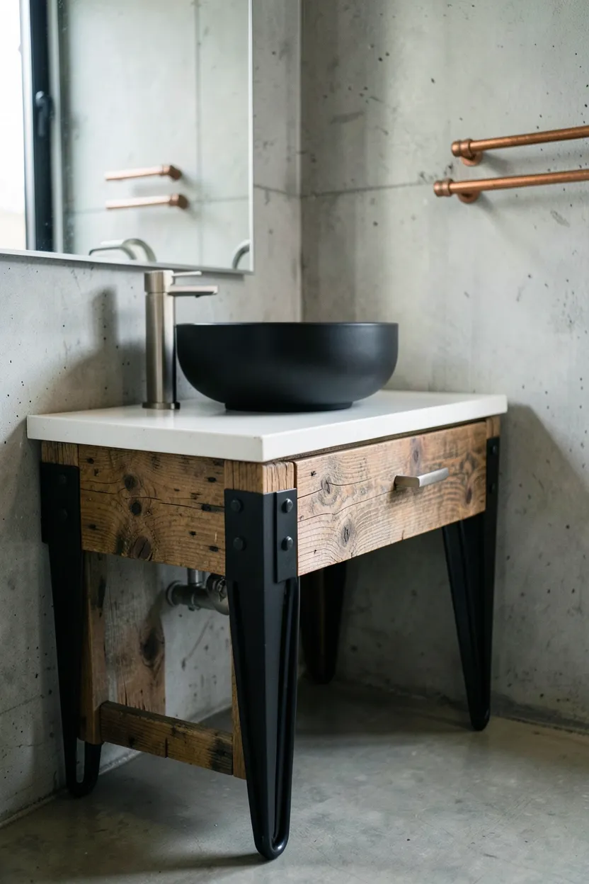 Hyper-realistic eye-level photograph of reclaimed wood vanity with black metal hairpin legs in industrial bathroom. Weathered oak wood with visible grain and knots, matte black powder-coated metal legs with exposed hardware, white concrete countertop, matte black sink vessel, brushed nickel faucet. Concrete wall with exposed copper pipe towel rack. Materials: aged reclaimed oak, matte black metal, polished concrete, brushed nickel fixtures, copper pipes. Natural light from window highlighting wood grain, authentic industrial atmosphere. Shallow depth of field, sharp details on wood aging and metal connections, balanced composition showing vanity and wall. No text, no logos, no watermarks.</p>