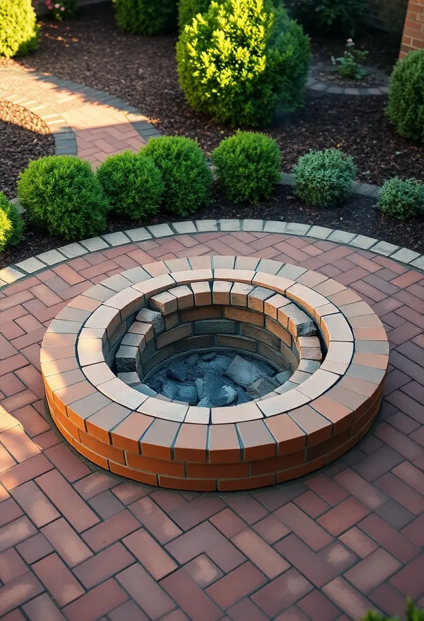 A circular brick firepit set within a herringbone-pattern brick patio surrounded by garden beds