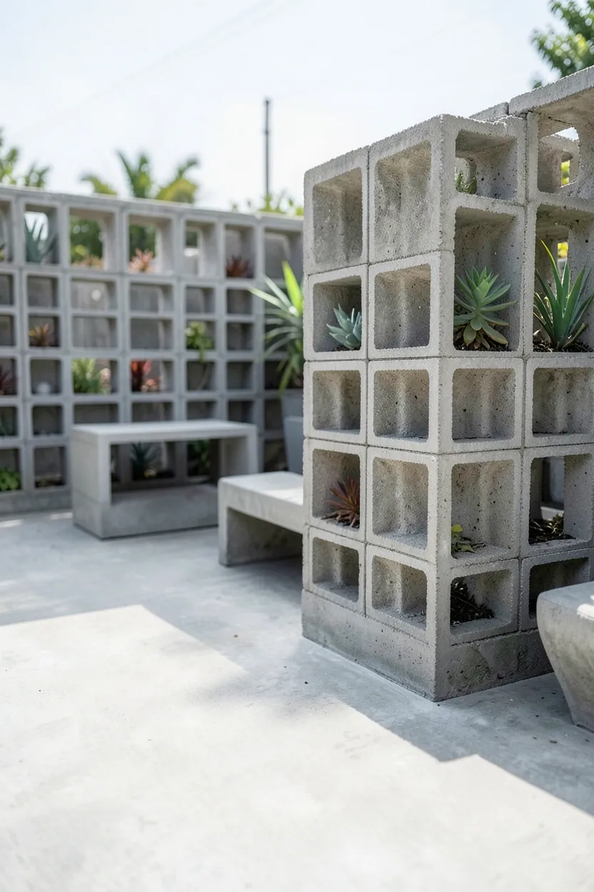 Concrete Patio with Concrete Block Divider