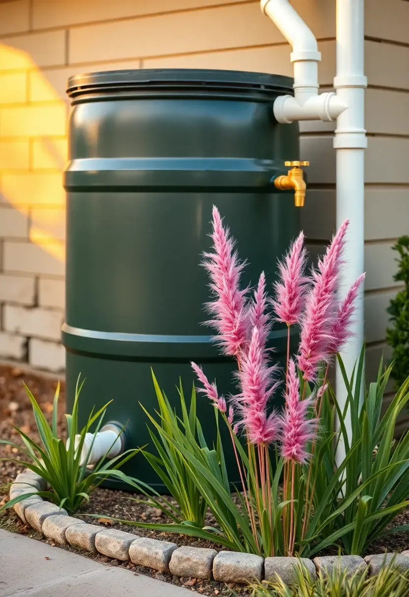 Rain barrel collection system next to a Texas house with downspout diverter, connected to a lush rain garden planted with Gulf muhly grass
