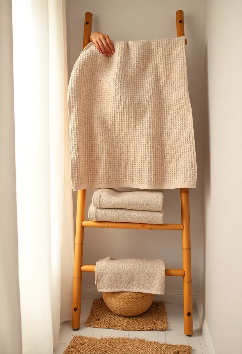 Hands placing an oat-beige waffle-weave towel on a bamboo ladder shelf in a small bathroom — woven jute bath mat on the floor, warm diffused window light