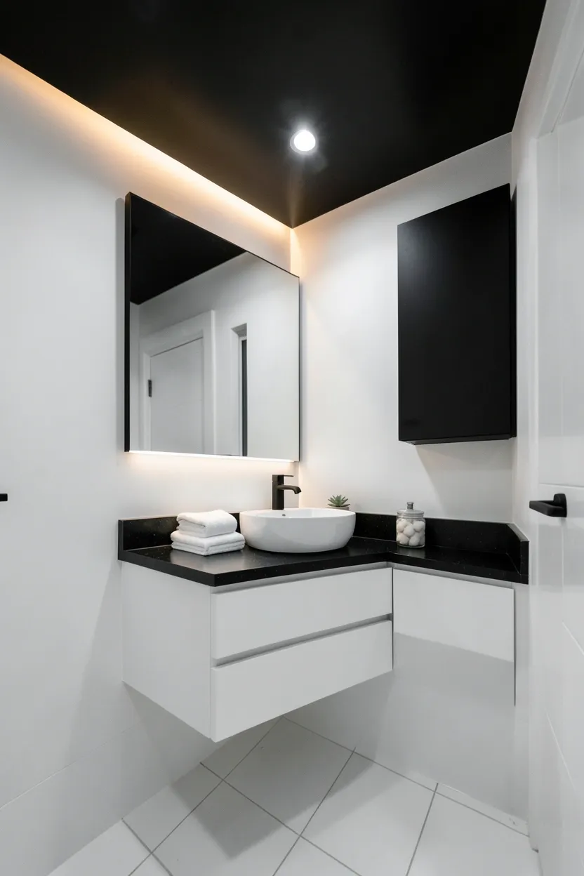 Dramatic matte black ceiling with bright white walls and white floor — bold monochrome bathroom with layered lighting