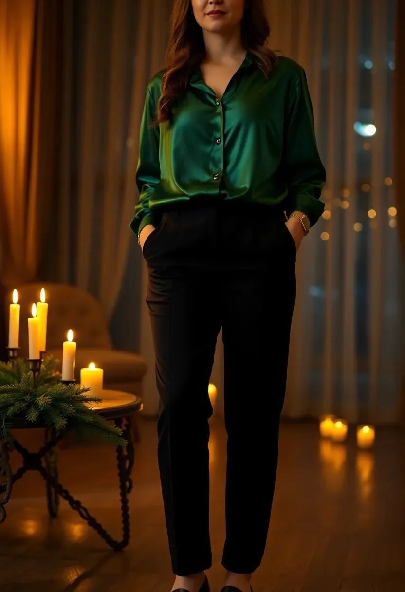 emerald green satin blouse with black high-waisted trousers at a winter evening baby shower