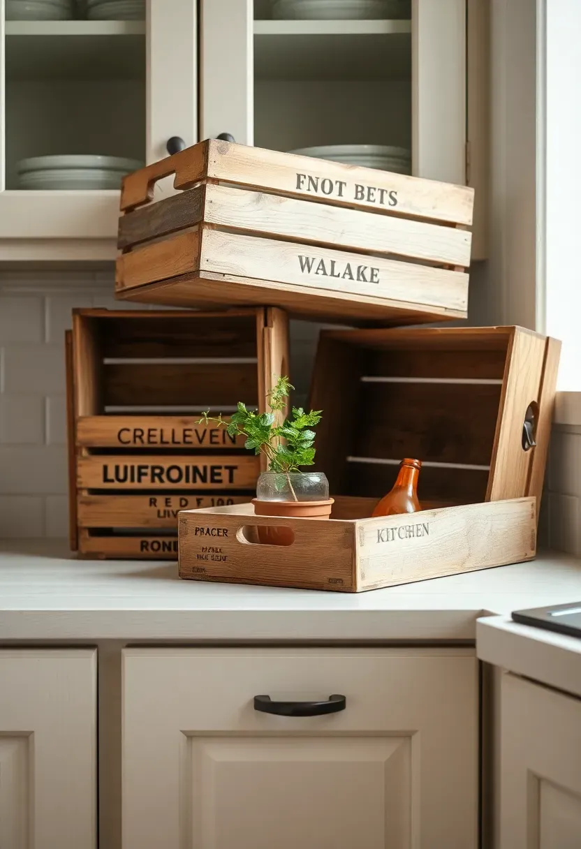 Rustic wooden crates styled above kitchen cabinets with greenery and bottles