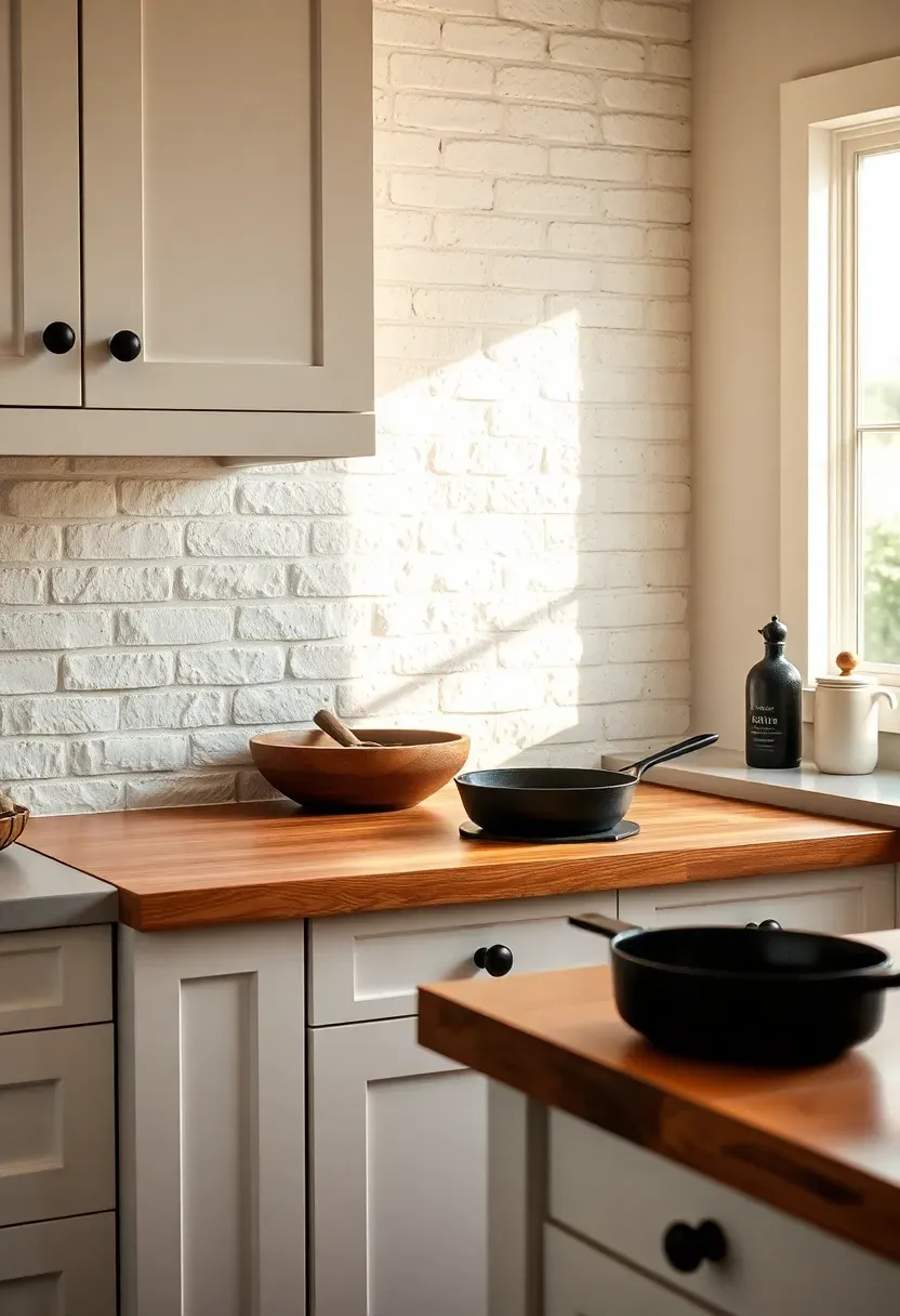 textured white brick veneer backsplash with rough surface in a farmhouse kitchen with white cabinets black iron hardware and butcher block island