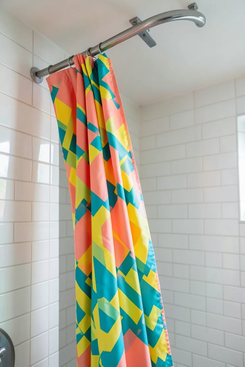 Bright patterned shower curtain on a curved ceiling-mounted track that slides open dramatically in a playful family bathroom