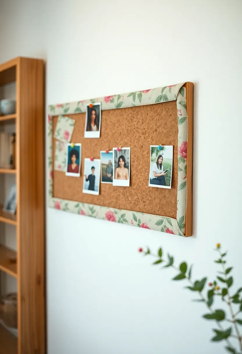 Fabric-covered bulletin board in floral print with ribbon grid for displaying notes and photos in a teen bedroom