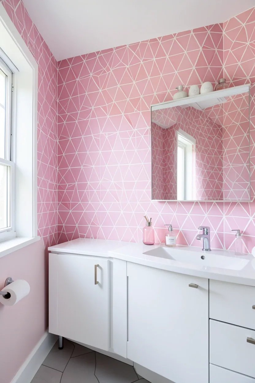 Pink geometric removable wallpaper on bathroom accent wall with modern angular pattern, renter-friendly pink bathroom upgrade